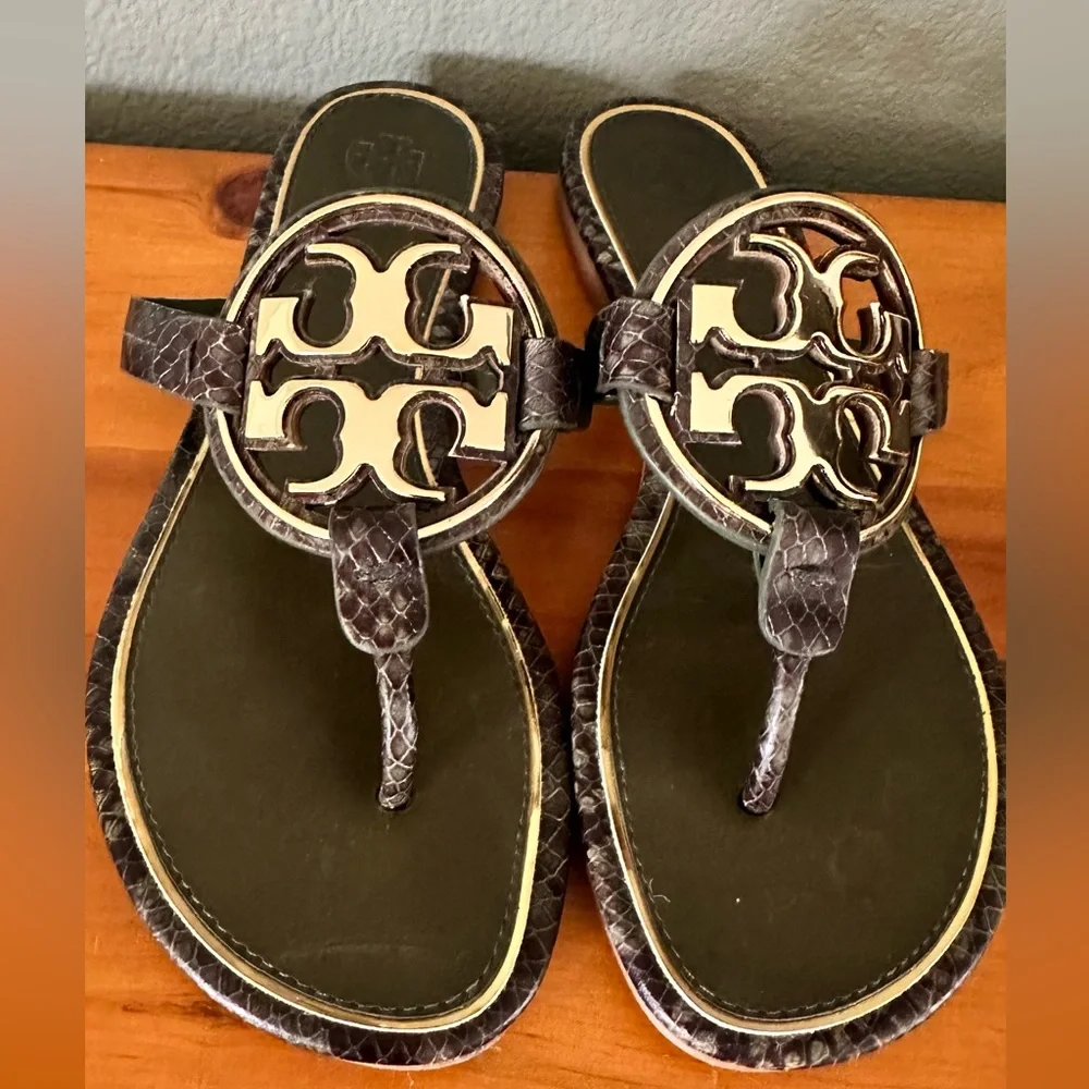 SOLD Tory Burch Miller Sandals Olive Green/Black Snakeskin Size 7.5 - Picture 2 of 9